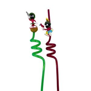 Vintage Marvin the Martian Looney Tunes Curly Straws Set of 2 Red Green Ray Gun